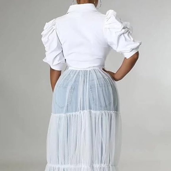New White Mesh See-Through Shirt Long Dress with Belt V Neck Button Down - Picture 3 of 8